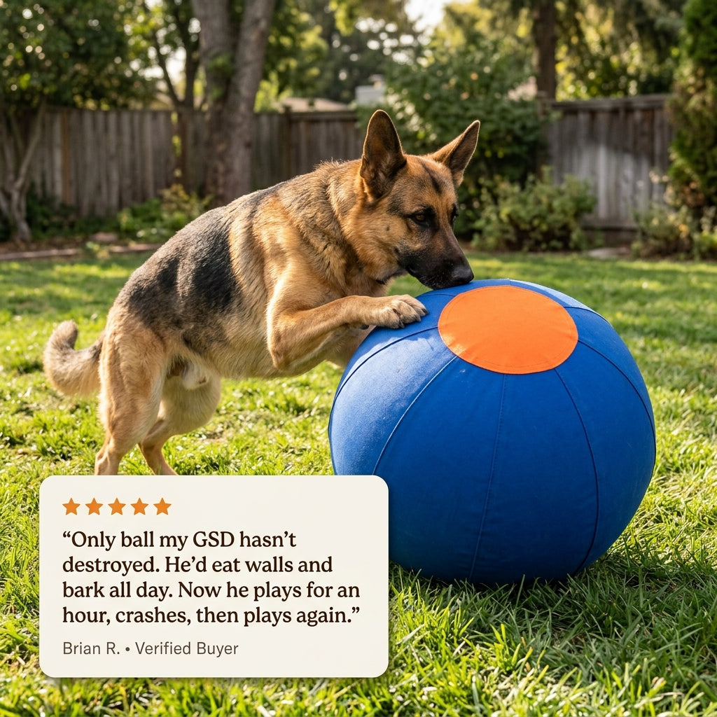 German Shepherd with the herding ball and a customer review