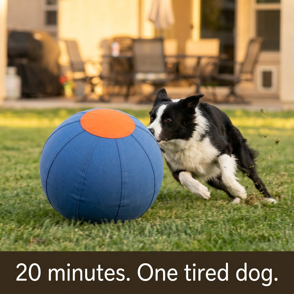 Border Collie pushing the herding ball across a lawn